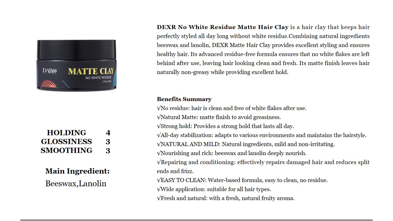 29 DEXR Arcilla para el cabello mate sin residuos blancos